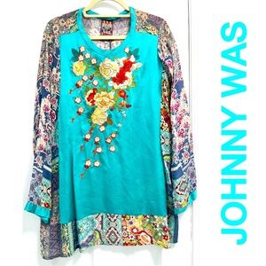 JOHNNY WAS BLOSSOM EMBROIDERED SILK TUNIK TOP